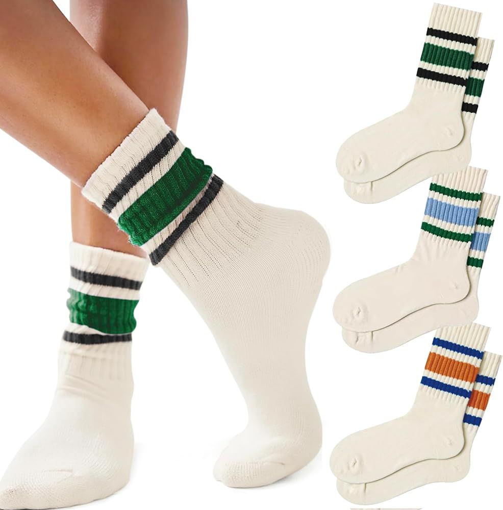 4 PAIRS Novelty Socks For Women Striped Retro Crew Socks Sporty Calf Socks Casual Cotton Socks Wo... | Amazon (US)