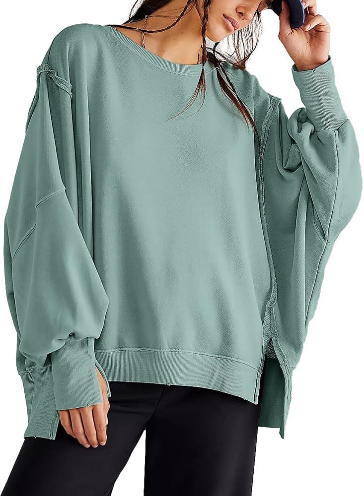 Beaully Women's Oversized Sweatshirts Crew Neck Long Sleeve Side Slit Pullovers Sweatshirt Casual... | Amazon (US)