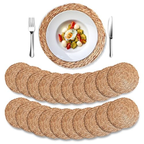 DRKSBesto Round Woven Placemats 13 inch Set of 20, Boho Rattan Placemats, Farmhouse Weave Place Mats, Rustic Braided Wicker Table Mats for Dining Table,Home and Wedding | Amazon (US)