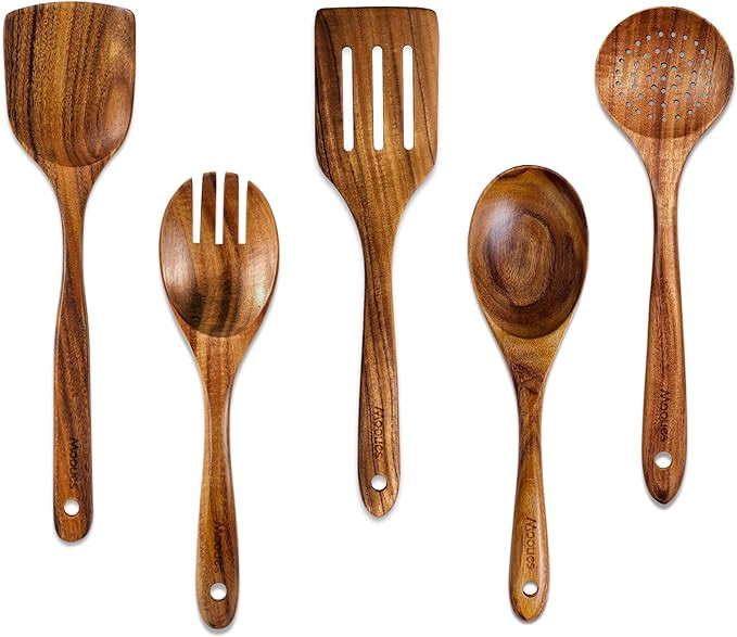 Wooden Spoons for Cooking, 5 Pcs Wooden Utensils for Cooking Natural Teak Wooden Kitchen Utensils... | Amazon (US)