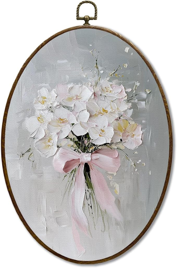 JQF Vintage Floral Oval Wall Decor, Coquette Pink Bow Flower Bouquet Oval Canvas Wall Art, Waterc... | Amazon (US)