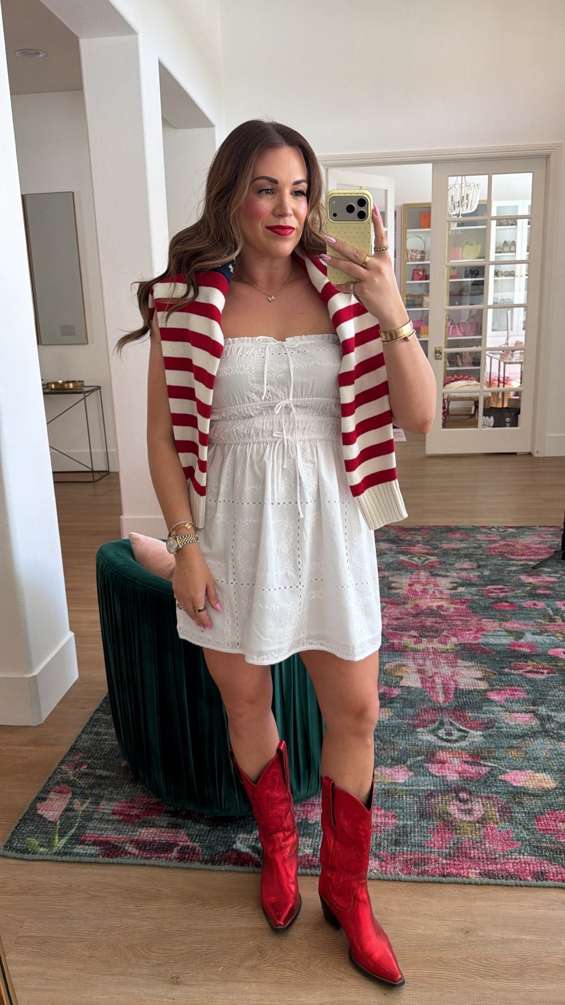 curvy midsize outfit for summer and the 4th of july! wearing size medium on white strapless eyelet mini dress and linking similar red cowboy boots ❤️

#LTKSeasonal #LTKMidsize