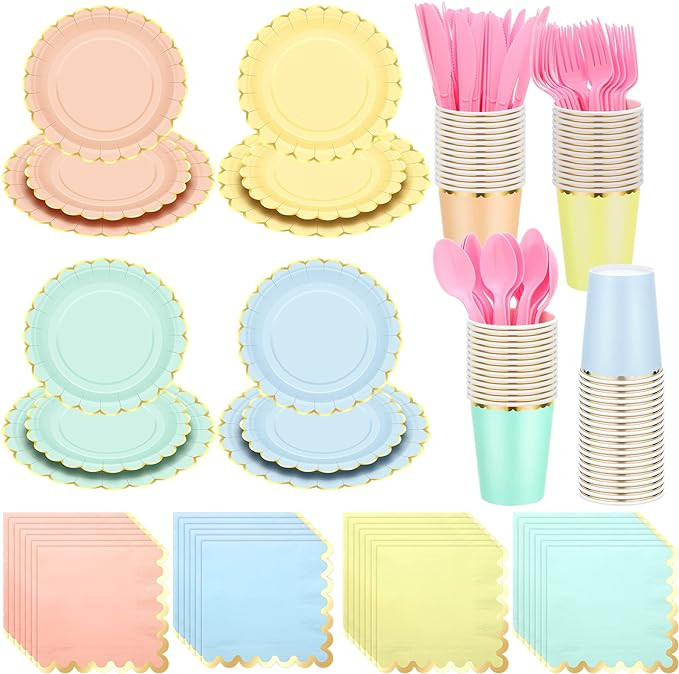 Yaomiao 168 Pcs Pastel Scalloped Paper Plates Cups Napkin with Gold Foil Macaron Colored Disposab... | Amazon (US)