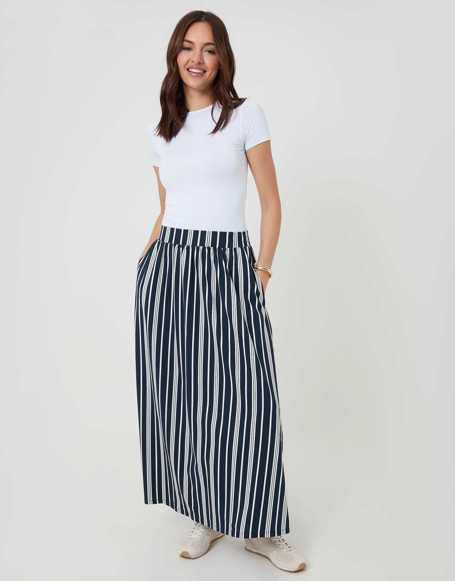 Jersey A-Line Maxi Skirt in Navy Stripe | Threadbare UK
