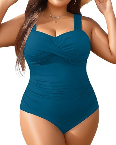 Yonique Plus Size One Piece Swimsuit for Women Tummy Control Bathing Suit Ruched Swimwear Teal 24W | Amazon (US)