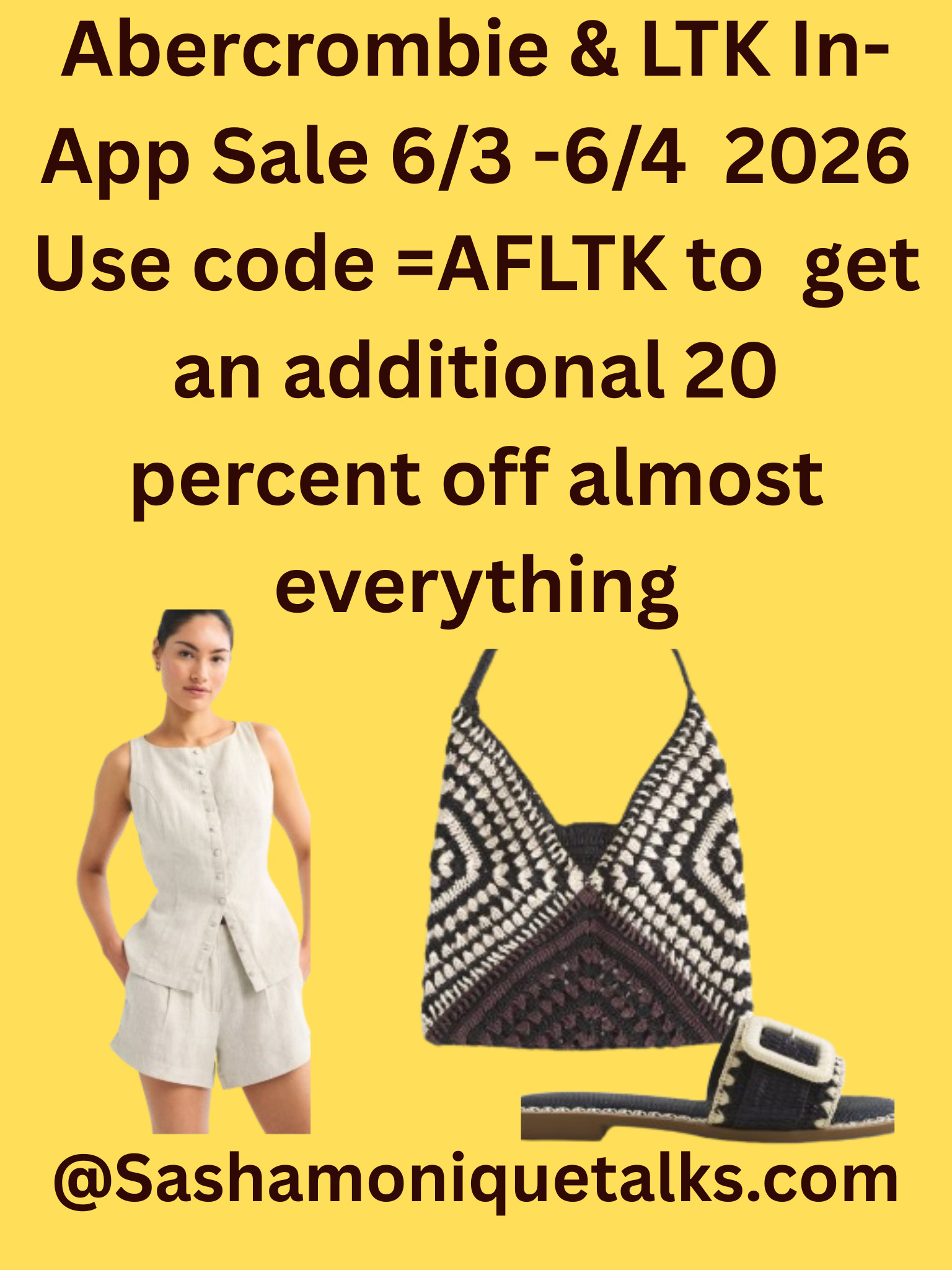 Abercrombie & LTK In-App Sale 6/3-6/4 2026.  Use code= AFLTK to get an additional 20 percent off almost everything.  Must purchase in LTK post

#LTKxAbercrombie #LTKootd #LTKSaleAlert