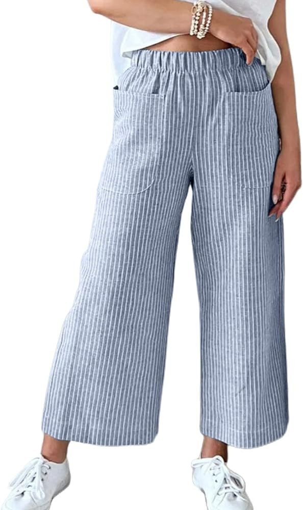Wide Leg Linen Pants for Women High Waisted Trousers Casual Loose Straight Pant Elastic Waist Bot... | Amazon (US)