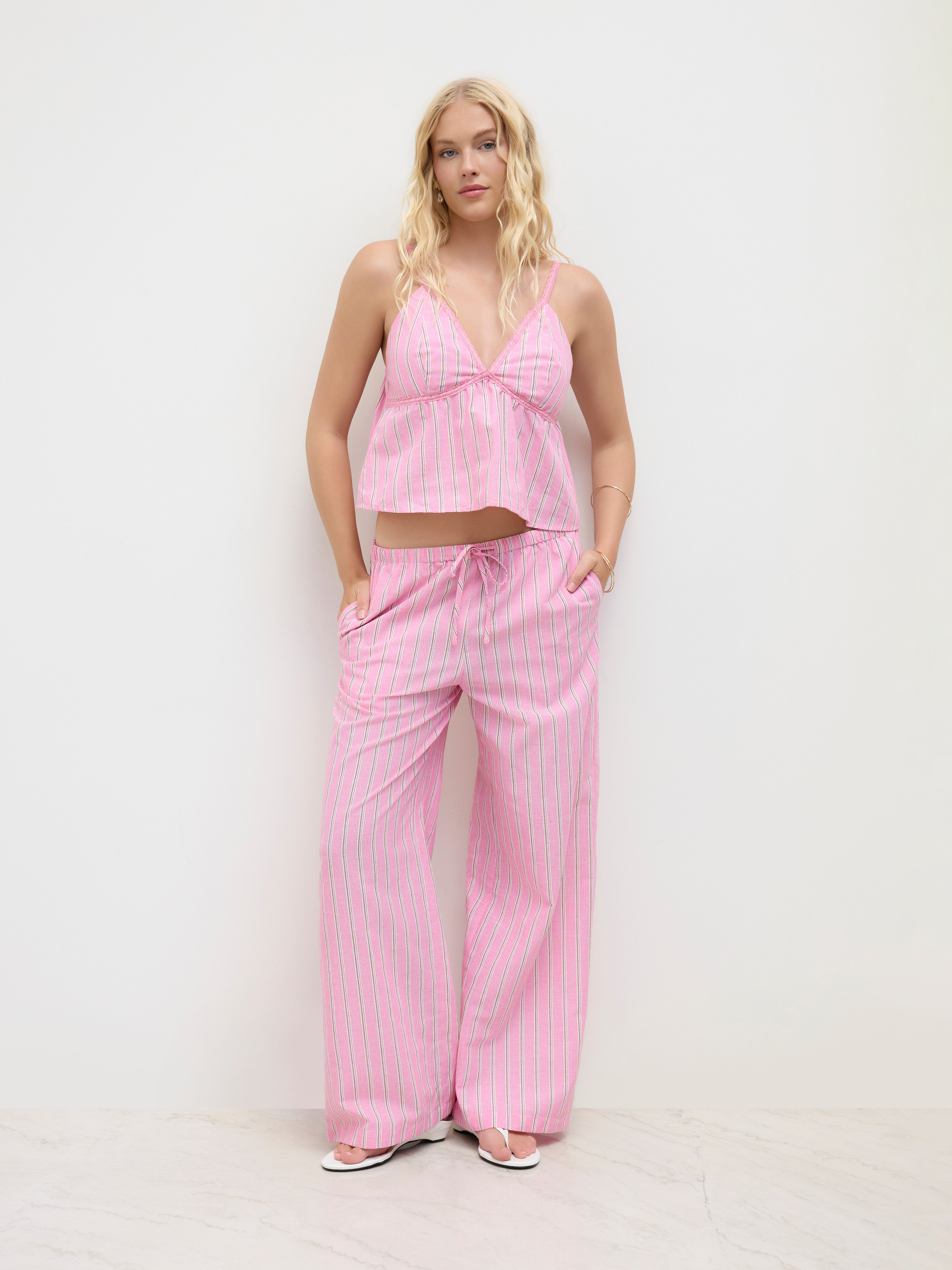 Woven Linen-blend V-neck Stripe Cami Top & Knotted Straight Leg Trousers Set For Daily Casual | Cider