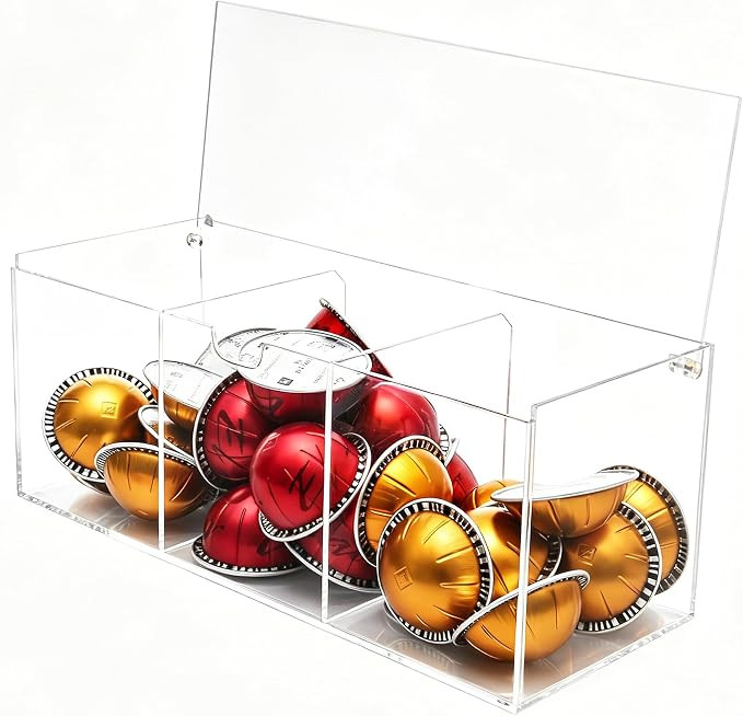Lovemolly Acrylic Coffee Pod Organizer with Lid - 24 Pod Capacity, 3-Compartment Clear Coffee Bar... | Amazon (US)
