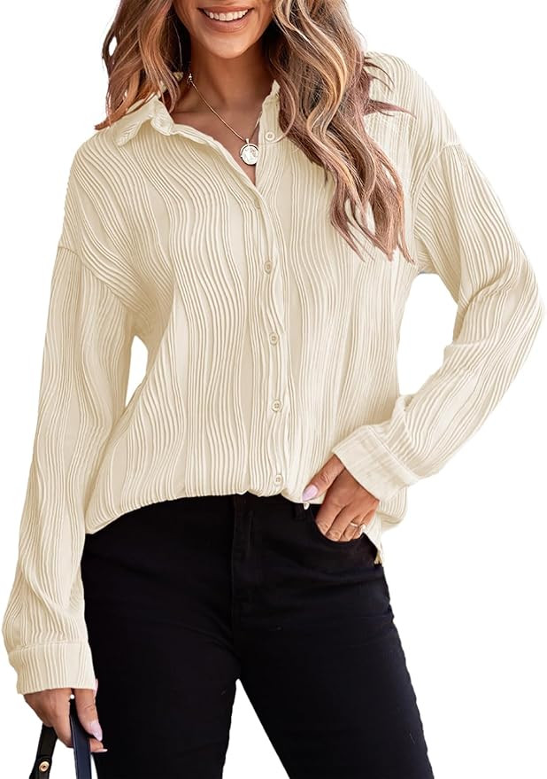 EVALESS Womens Long Sleeve Button Down Shirts Business Casual Work Textured Blouses Tops | Amazon (US)