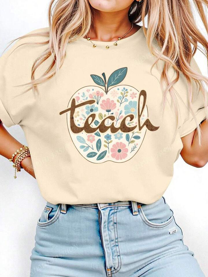 Vintage Floral Teacher Style "Teach" Letter Graphic Casual Round Neck Short Sleeve T-Shirt For Women, Daily Wear, Gift For Teachers | SHEIN