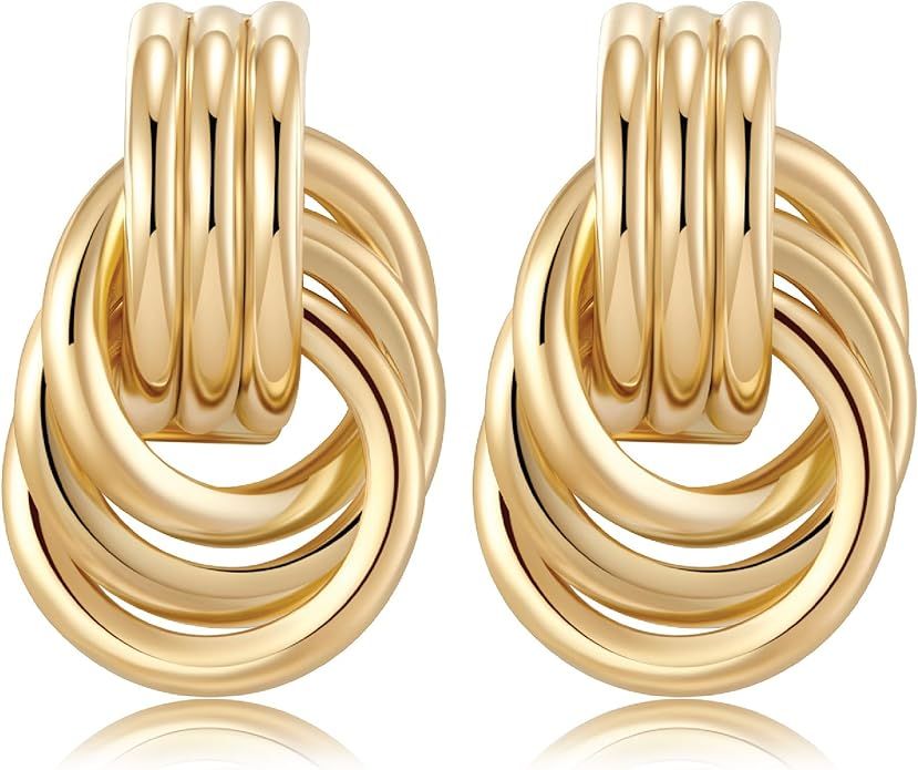 14K Gold Plated Chunky Gold Earrings for Women Knot Link Circle Geometric Drop Dangle Earrings St... | Amazon (US)