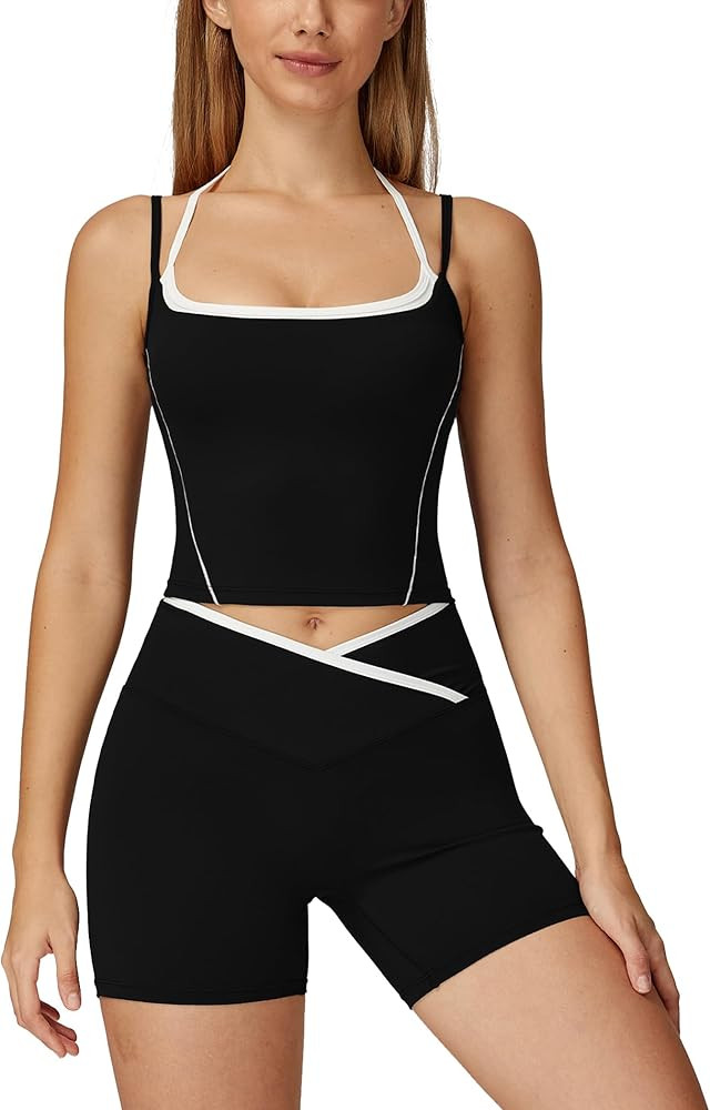 ABOCIW Workout Sets for Women 2 Piece Color Block Layered Cropped Tank Top Crossover High Waist B... | Amazon (US)