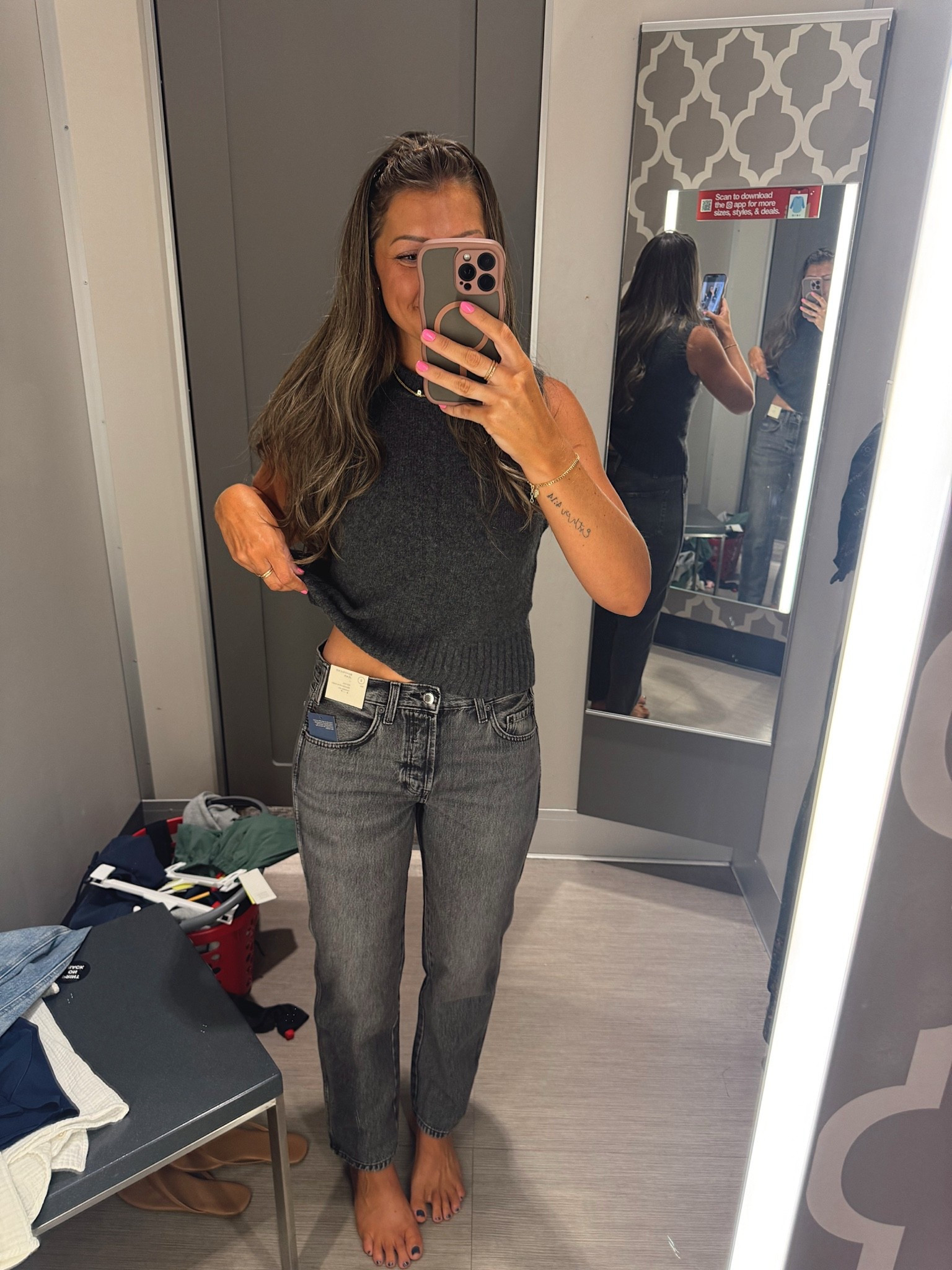 Target’s boyfriend Jean has stolen my heart! They’re FABULOUS!!!!! I wear my true 2. Sweater tank XS. 40% off!!