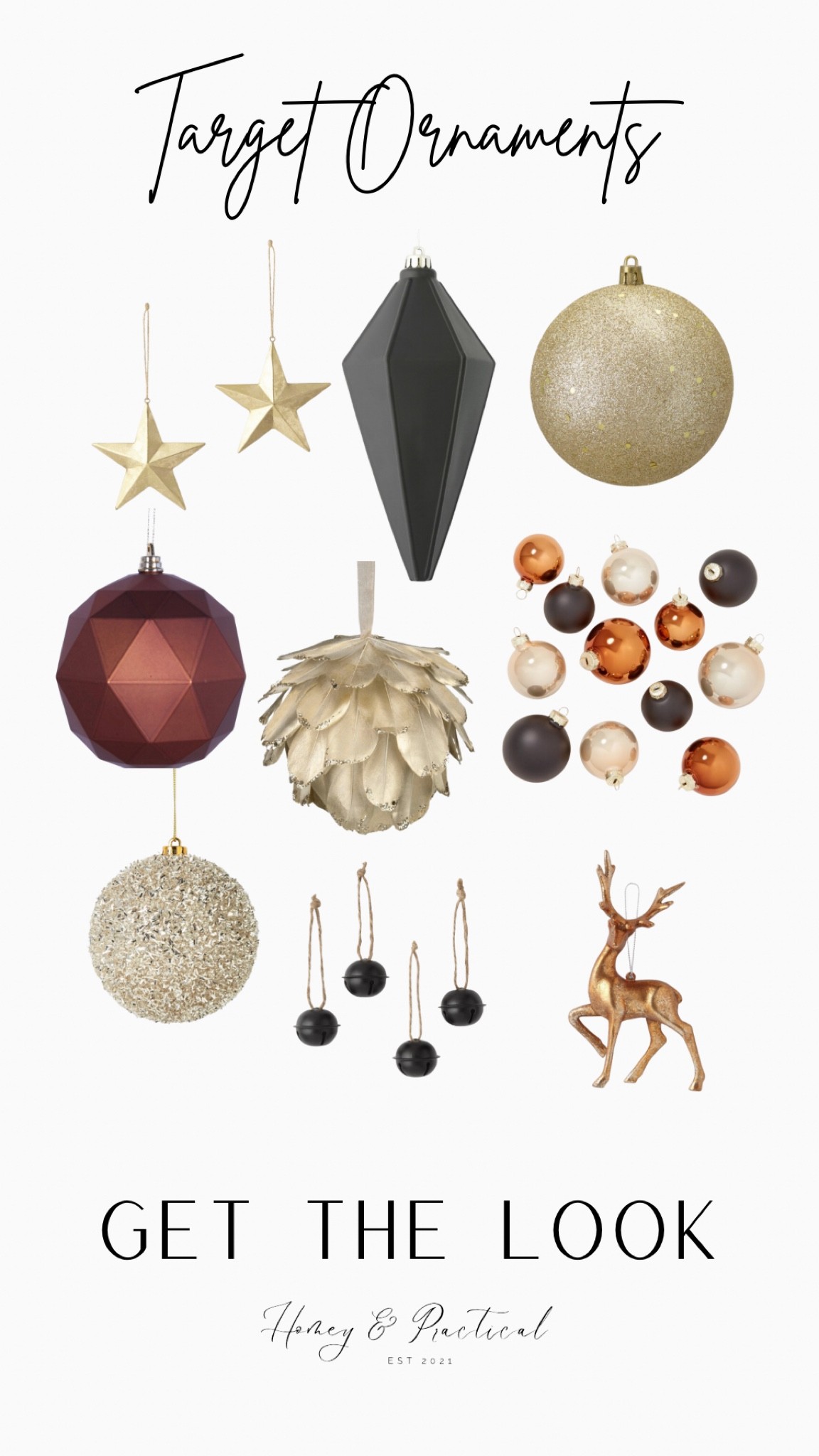 Target  Christmas ornaments 

Black, copper, and champagne Christmas theme

Follow me @homeyandpractical for decorating inspo and styling tips 

Christmas decor, black ornaments, champagne ornaments, copper ornaments, winter decor, target Christmas, Christmas tree decor, target home, tree decor, reindeer, bells, stars, round ornaments, ball ornaments 

#LTKSeasonal #LTKHoliday #LTKhome