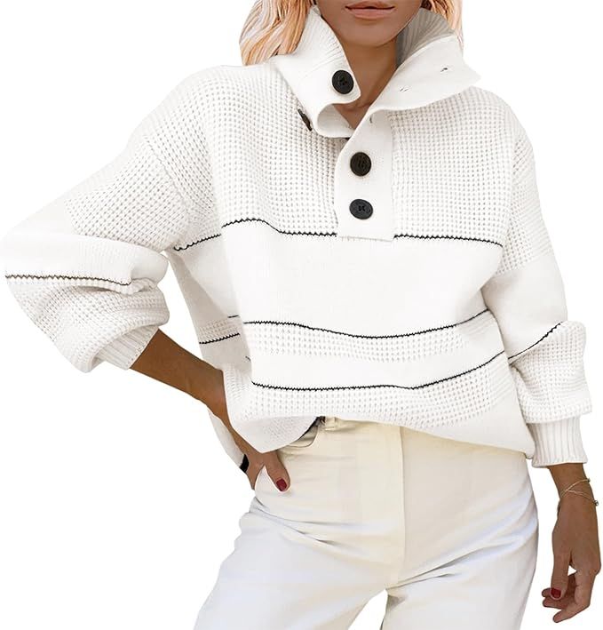 Saodimallsu Womens Oversized Striped Color Block Sweater Button Waffle Knit Long Lantern Sleeve L... | Amazon (US)