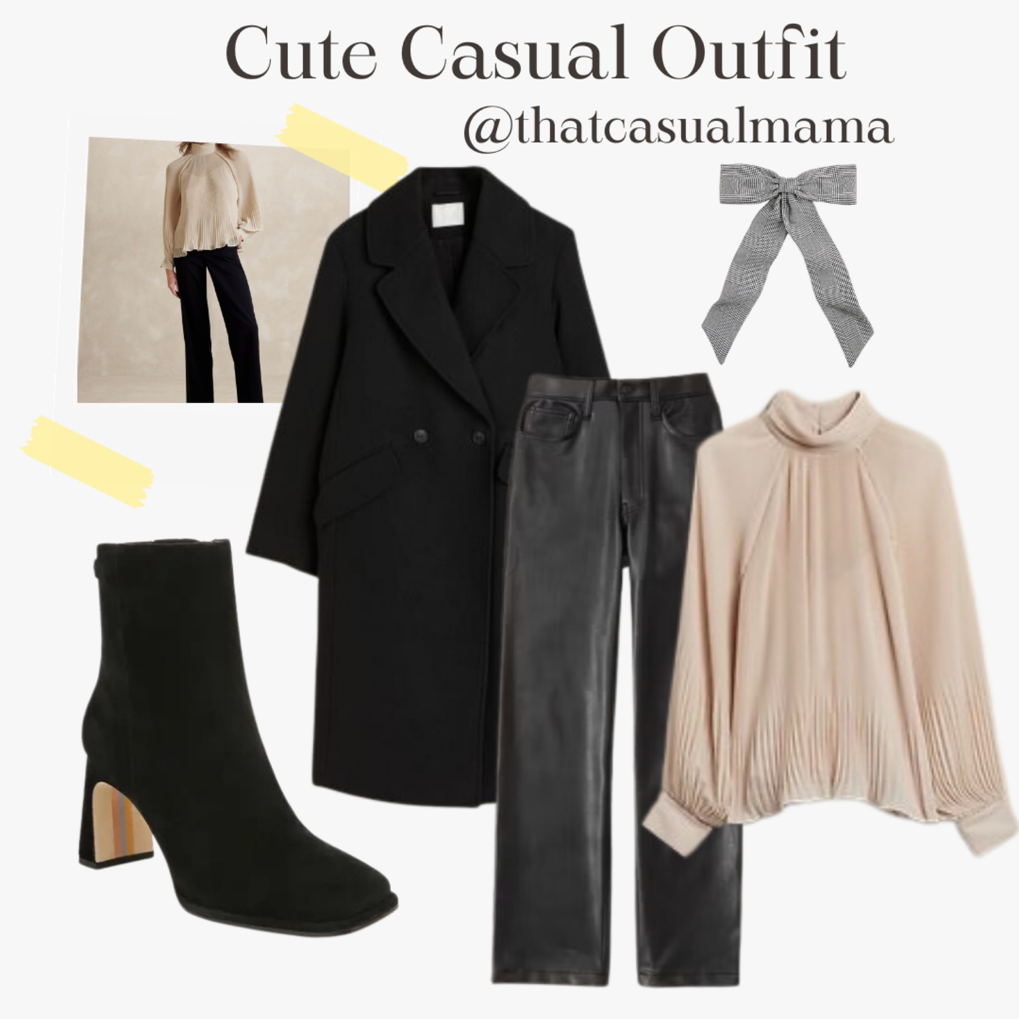 Cute casual outfit. pleated blouse, vegan leather pants, button-front coat, booties, hair bow. #thanksgiving #thanksgivingoutfit #businesscasual #workwear #officeoutfit #teacheroutfit #friendsgiving 

#LTKfindsunder100 #LTKHoliday #LTKstyletip