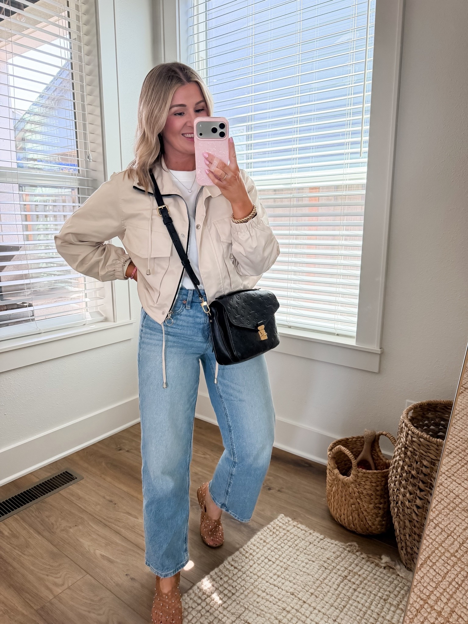 I grab for these jeans on repeat! The fit is perfect and the price point is great. I recommend sizing down. I’m generally a 4 and I have them in a 0short and a 2short. I wear both sizes, it just depends what fit I want with a specific outfit. 

Small jacket
Medium tee

#LTKootd #LTKPetite #LTKSaleAlert