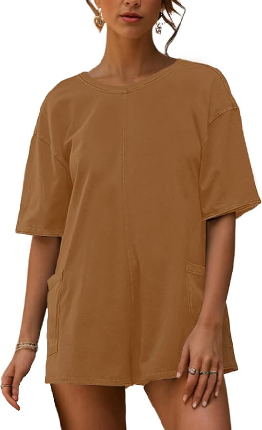 AnotherChill Womens Athletic Romper With Pockets Workout Tee Rompers Backless Oversized Onesie Ca... | Amazon (US)