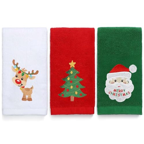 Maracco 3 Pack Christmas Hand Towels 100% Cotton Embroidered, Christmas Santa Claus & Reindeer Hand Towels for Bathroom Kitchen Decor, Xmas Holiday Towel Gift Set | Amazon (US)