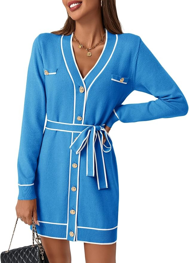 Saodimallsu Womens Long Sleeve Sweater Dress Button Down V Neck Casual Knit Preppy Mini Dresses C... | Amazon (US)