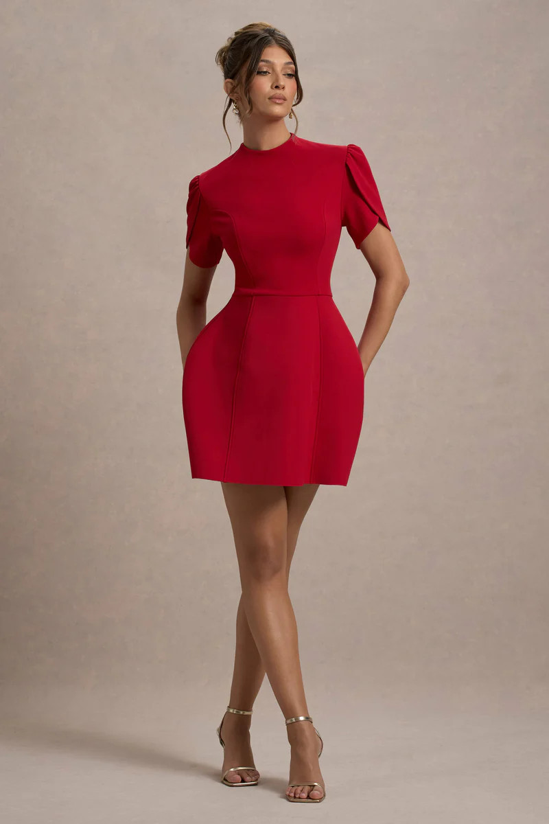 Carabella  Red High-Neck Short-Sleeve Mini Dress | Club L London