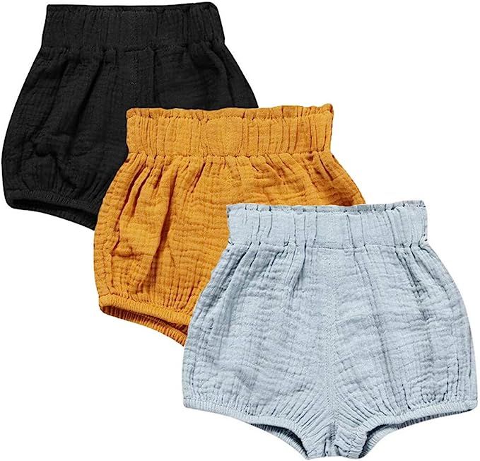 LOOLY Unisex Baby Girls Boys 3 Pack Cotton Linen Blend Bloomer Shorts | Amazon (US)