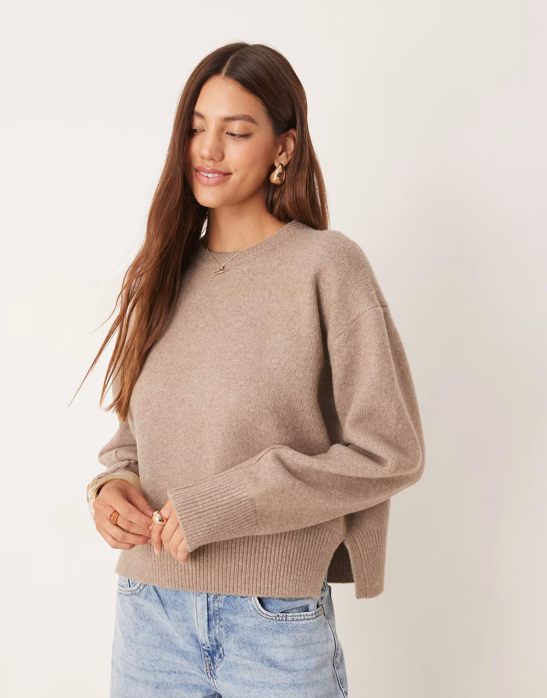 ASOS DESIGN boxy crew neck jumper with side split detail in mocha | ASOS | ASOS (Global)