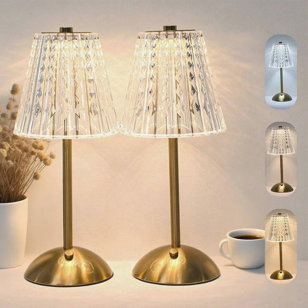 2 Pack Crystal Table Lamp, 5000mAh Rechargeable Battery Lamp with Touch Control, 3 Color Temperat... | Amazon (US)