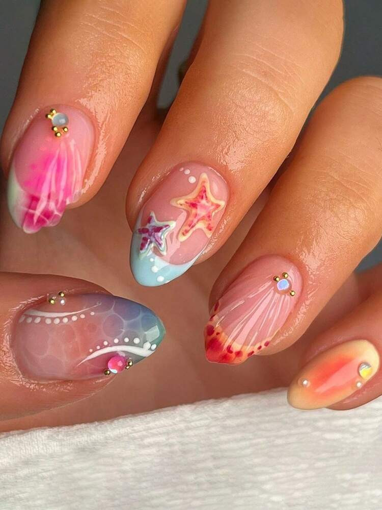 30Pcs/Set Y2K Summer Colorful Ocean Element Short Almond Shaped Press-On Nails, Featuring 3D Embossed Starfish, Blue Tie Dye, Shell, Rhinestone & Gold Faux Pearl Decor, Great For Daily Wear & Beach Essentials For Girls/Ladies Nail Supplies Nails | SHEIN
