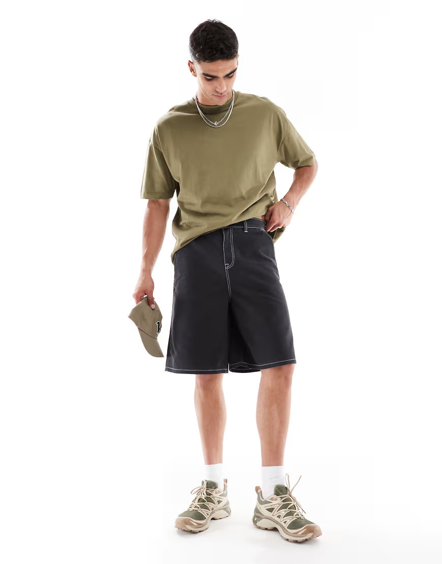 ASOS DESIGN denim jorts with embroidered back pockets in washed black | ASOS (Global)