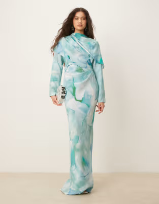 ASOS DESIGN high neck draped bodice maxi dress in green abstract print | ASOS (Global)
