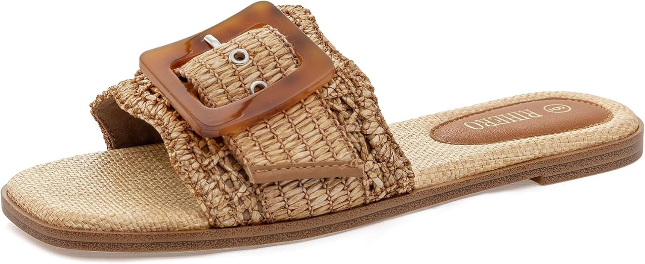 Rihero Women's Raffia Flat Sandals Square Open Toe Summer Beach Slip On Woven Buckle Slide Sandal... | Amazon (US)