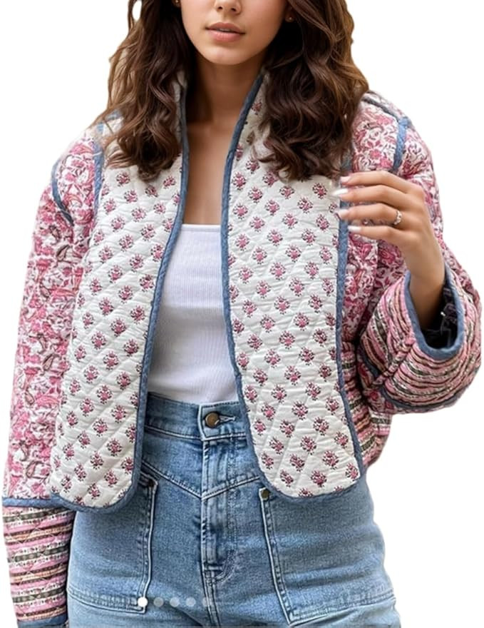 Women's Cropped Floral Quilted Jacket Lightweight Open Front Padded Puffer Coat | Amazon (US)