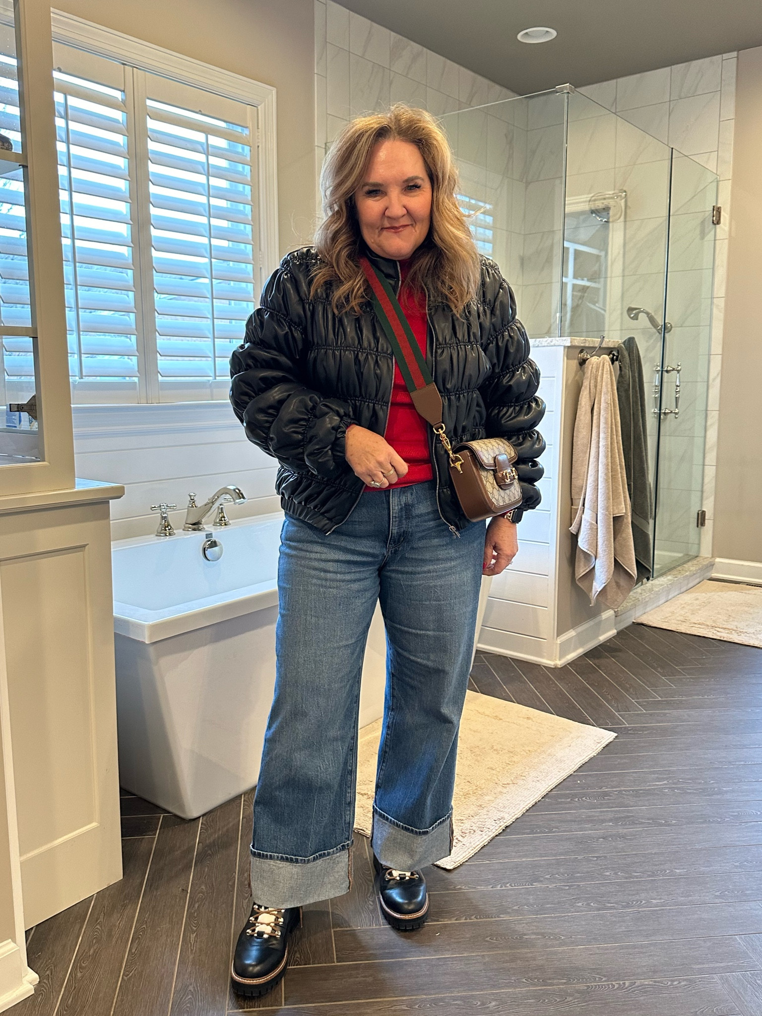 Another look at these jeans. Wearing them cozy for the drive back from ATL. I’m wearing a size 12 definitely go your smaller size as they relax as you wear them.
This leather puffer has been marked down, but sizes are limited. I’ll link another. 
The boots are very reasonably priced 


Winter, casual, cold weather, outfit, LOFT, Chicos, Walmart, fashion target fashion

#LTKfindsunder100 #LTKover40 #LTKmidsize