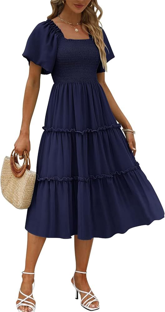 LILLUSORY Women's Summer Casual Flowy Short Sleeve Square Neck Smocked Tiered Midi Dress | Amazon (US)