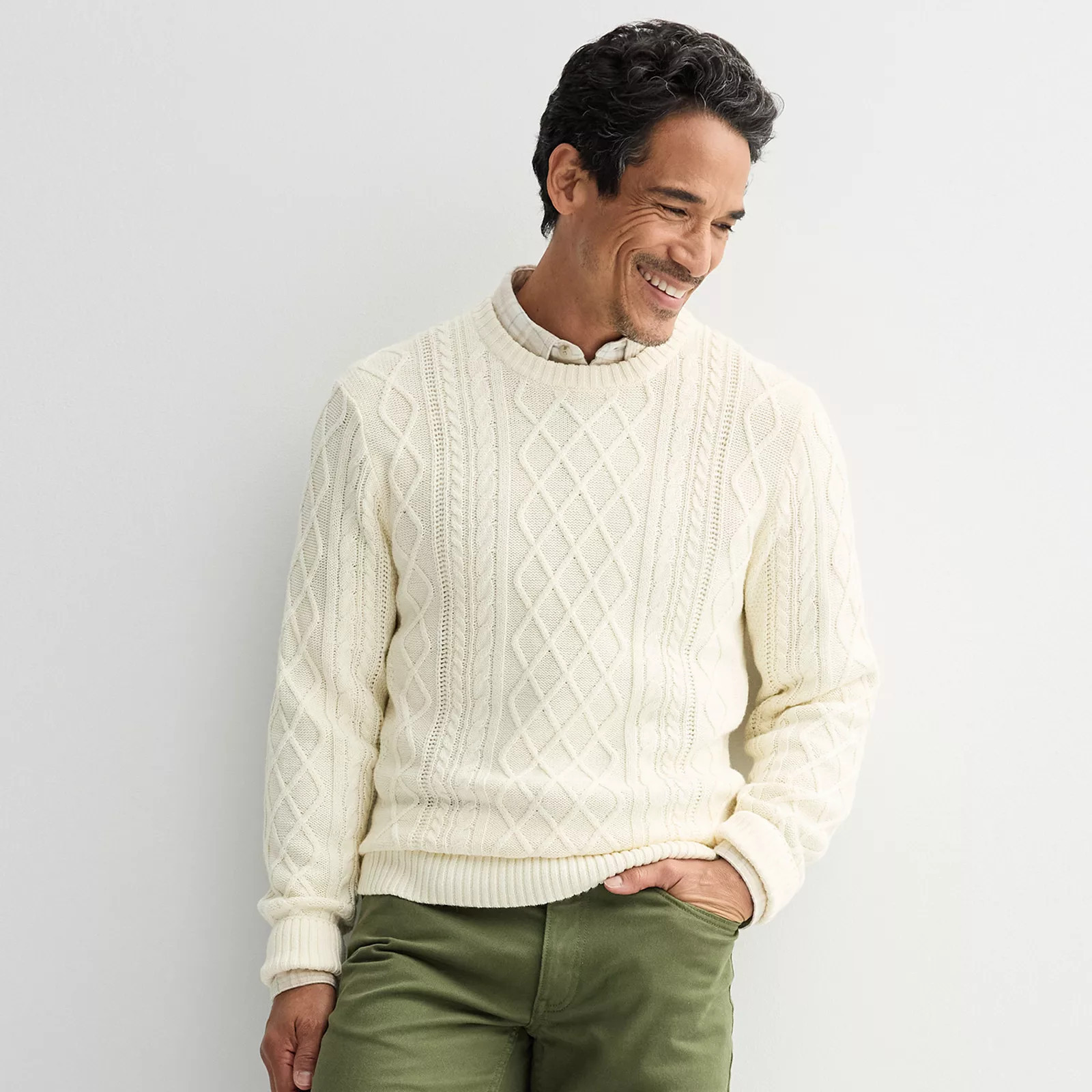 Men's Sonoma Goods For Life® Cable Knit Crewneck Sweater, Size: Small, Ivory | Kohl's