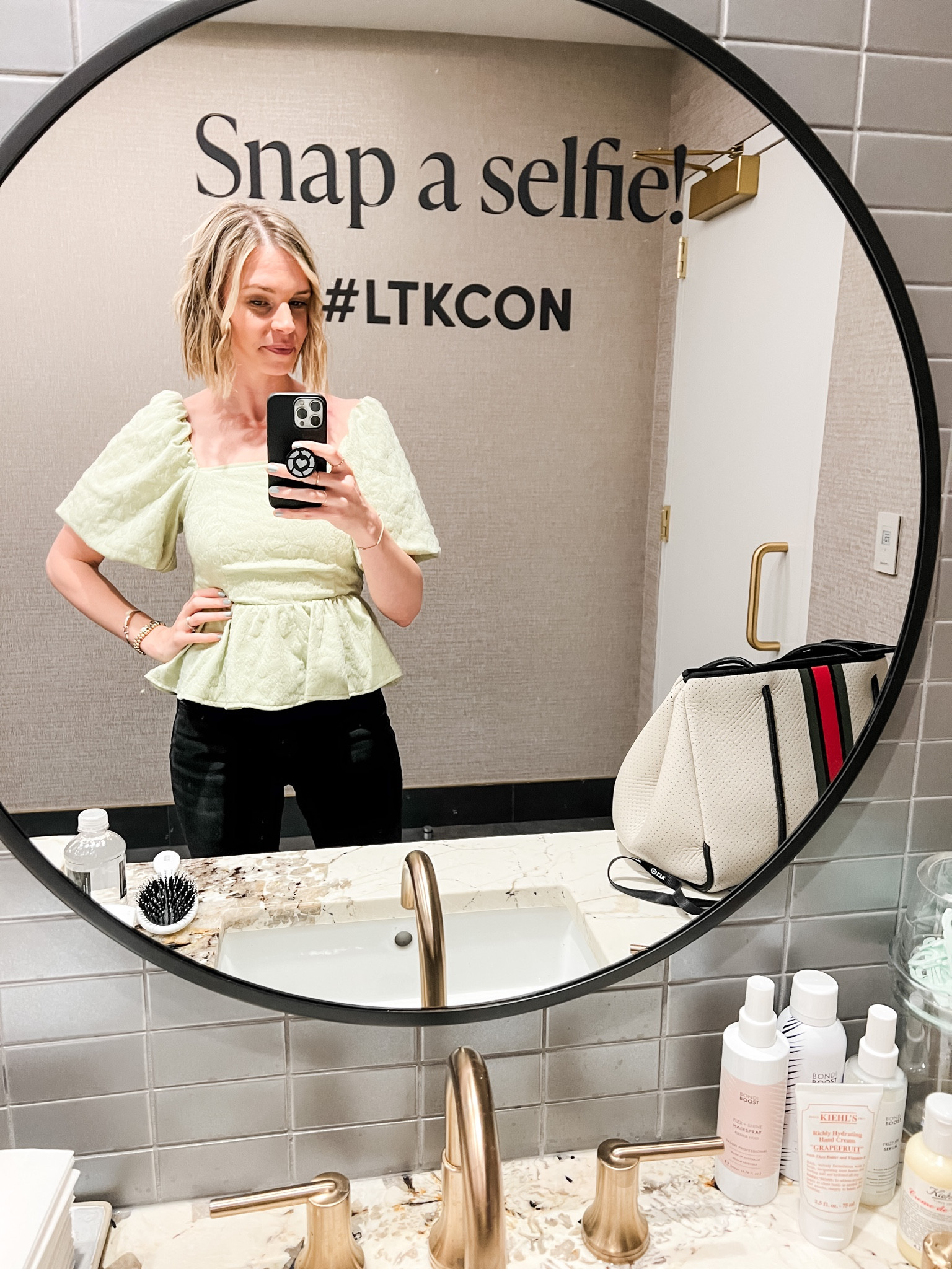 Conference Day outfit! Opted for a blouse and black denim for a casual yet elevated look. My blouse is Strut & Bolt, it has some stretch to it and is so comfortable! Linking to a similar style on Anthro.

#LTKCon