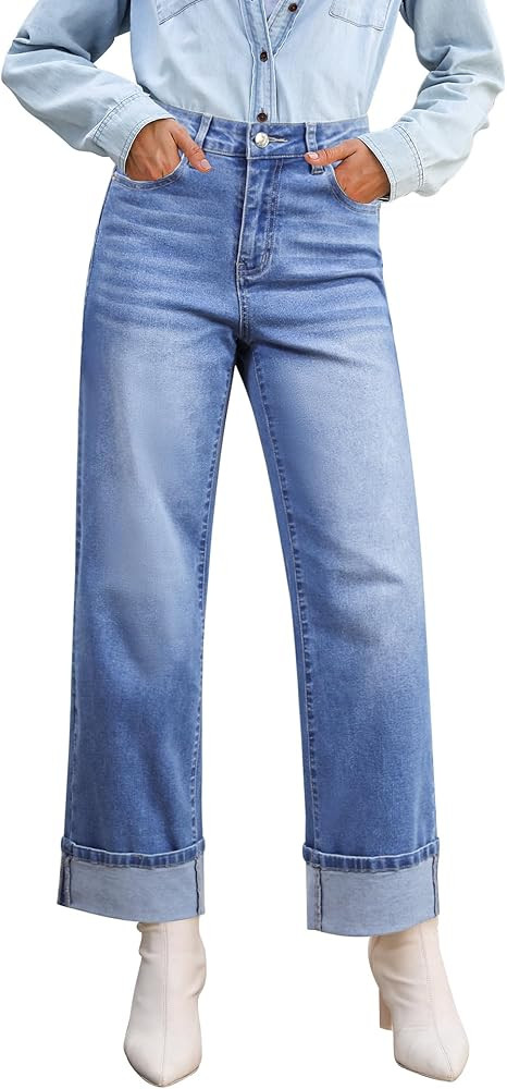 GRAPENT Wide Leg Jeans for Women Trendy High Waisted Cuffed Hem Stretchy Denim Trousers Pants Wor... | Amazon (US)