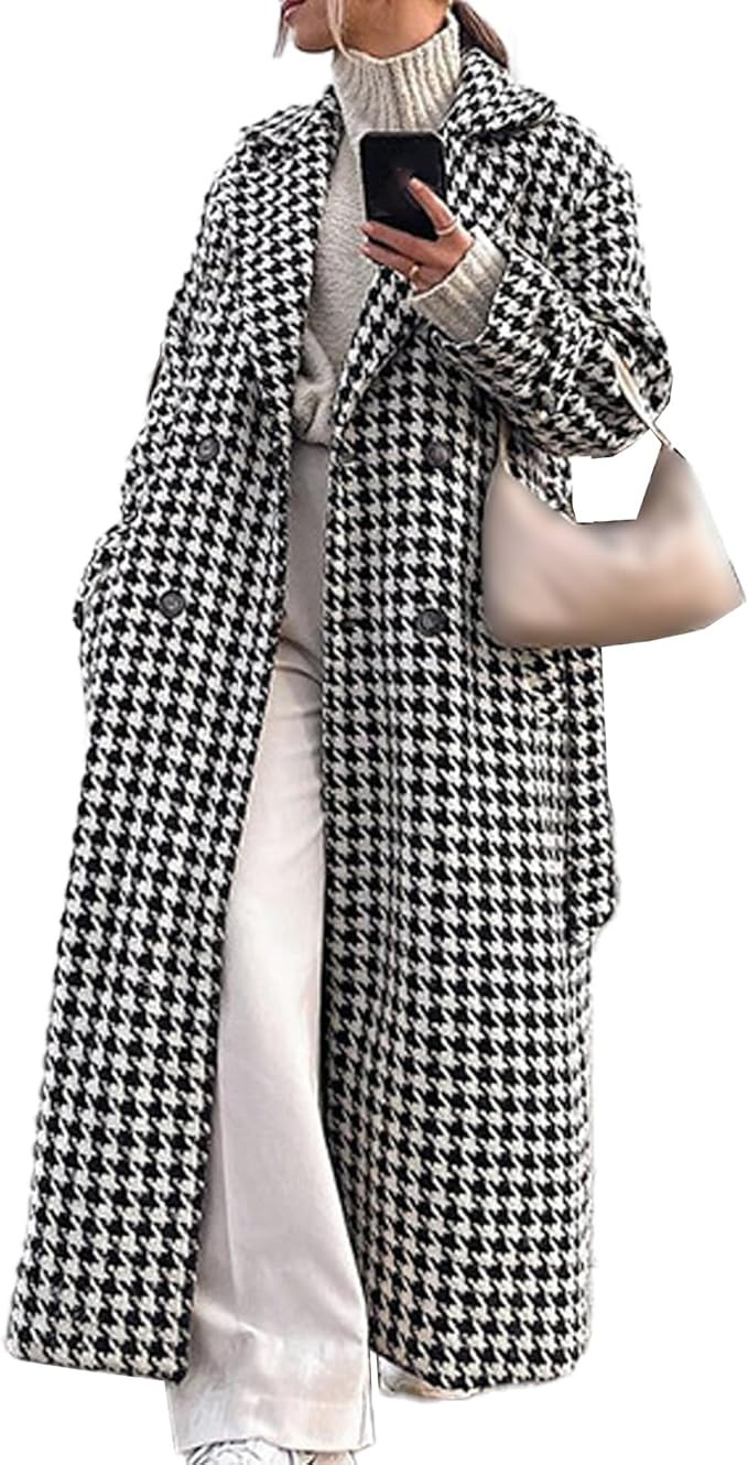 Sexyshine Women's Winter Houndstooth Double Breasted Trench Coat Notch Lapel Wool Blend Long Over... | Amazon (US)