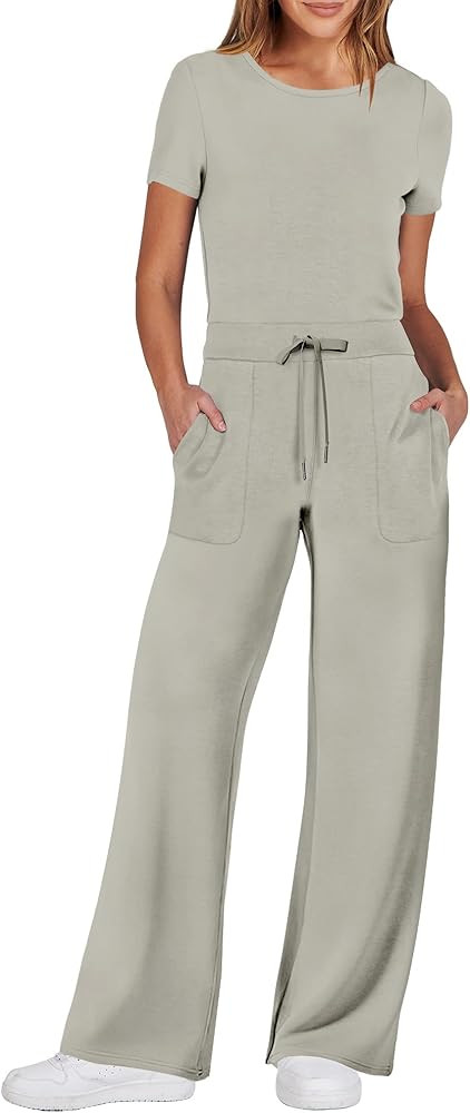 ANRABESS Jumpsuits for Women Casual Summer 2024 Short Sleeve Loose Wide leg Pants Dressy Romper J... | Amazon (US)
