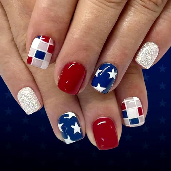 4th of July Press on Nails Short Square Fake Nails with Red White Blue Grid Stars Silver Glitter ... | Amazon (US)
