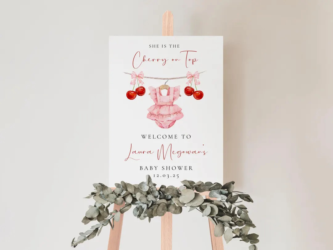 Baby Shower Welcome Sign, Cherry on top Sign, Coquette Pink Bow Berries Digital Pink Bow Sign, Ed... | Etsy (US)