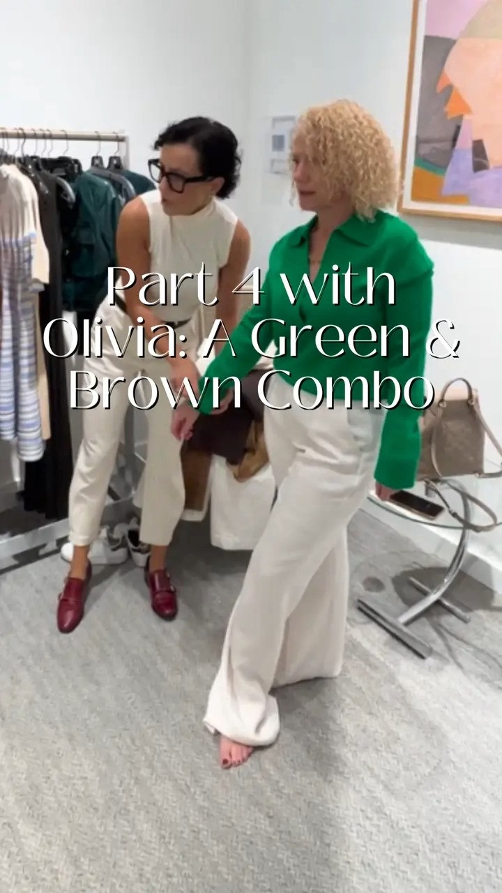 Part 4 of styling Olivia during her shopping experience! 💚🤎 We pulled this vibrant green blouse and paired it with crisp ivory trousers for a look that’s equal parts polished and approachable. The rich brown bag adds depth, making the outfit feel grounded yet elevated. This is more than just clothes—it’s about creating outfits that make Olivia feel confident, capable, and ready to own any room she steps into. 

 #LTKHoliday #LTKStyleTip #LTKTravel