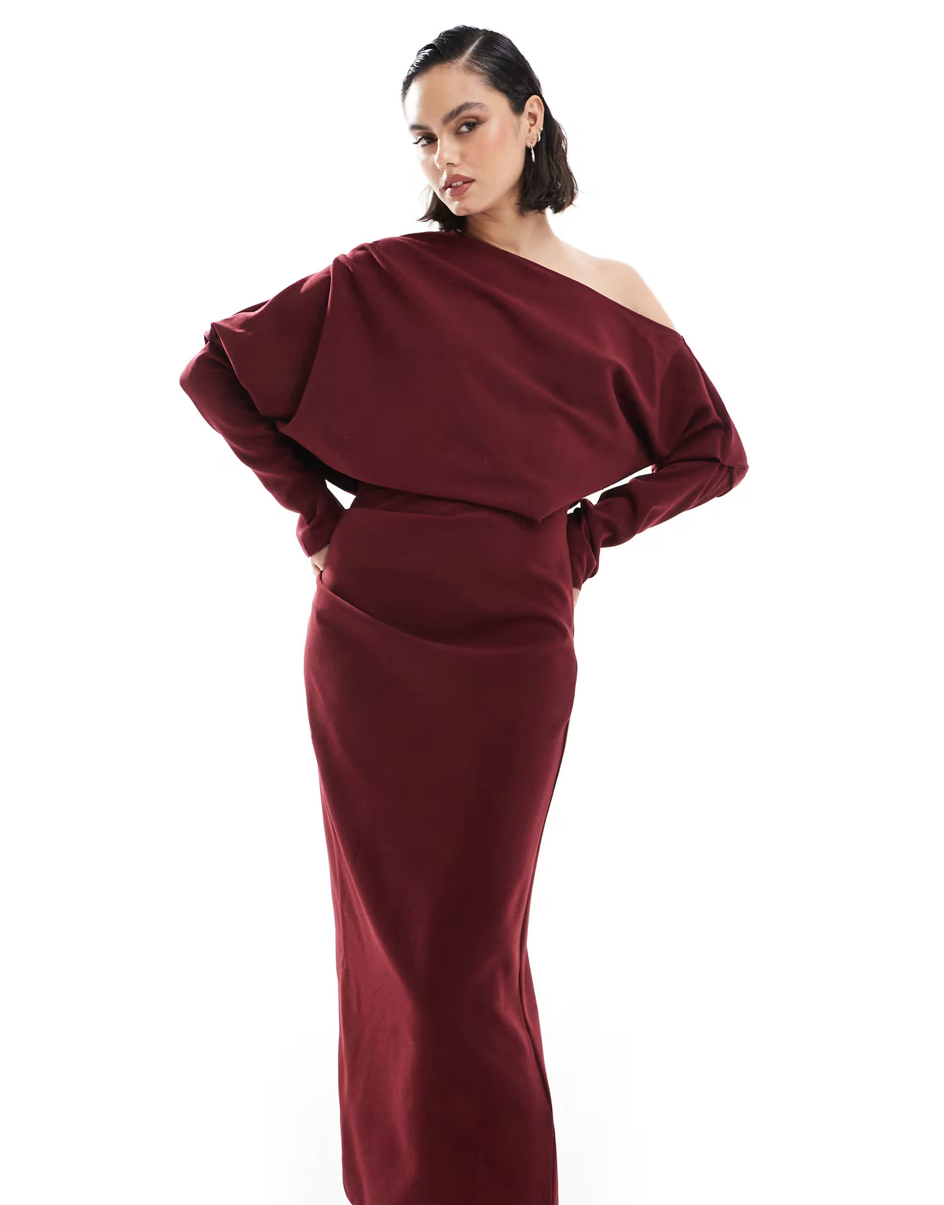 ASOS DESIGN slouchy fallen shoulder midi dress in burgundy | ASOS (Global)