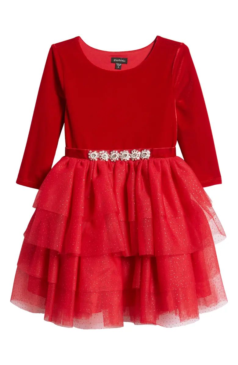 Zunie Kids' Velvet & Glitter Long Sleeve Tulle Party Dress | Nordstrom | Nordstrom