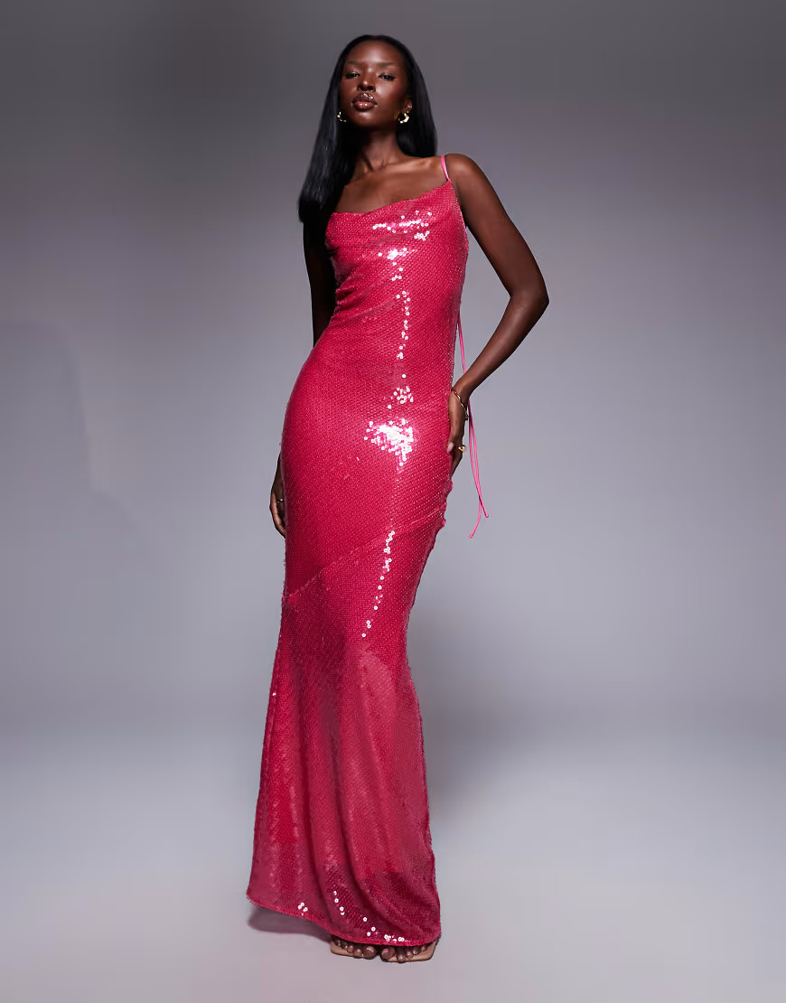 ASOS DESIGN sheer sequin cowl neck maxi dress with strappy back in pink | ASOS (Global)