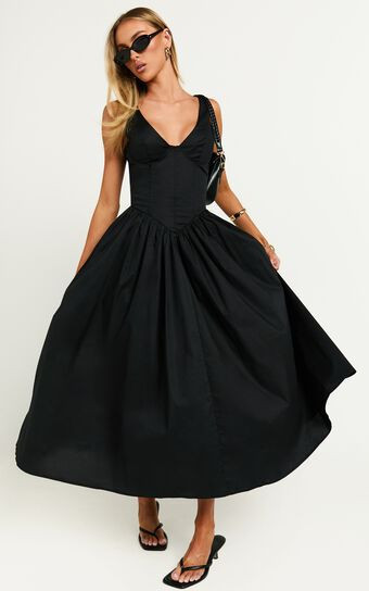 Beckett Midi Dress - Scoop Neck Drop V Waist Gathered Skirt Dress in Black | Showpo (US, UK & Europe)