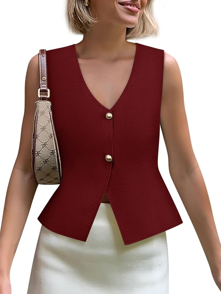 Yousify Womens Sweater Vest V Neck Button Down Crop Knit Tank Top Fashion 2025 Sleeveless Basic C... | Amazon (US)