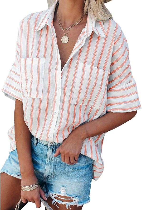 Dokotoo Womens Summer Summer 3/4 Sleeve V Neck Striped Long Sleeve Button Down Collar Blouses for... | Amazon (UK)